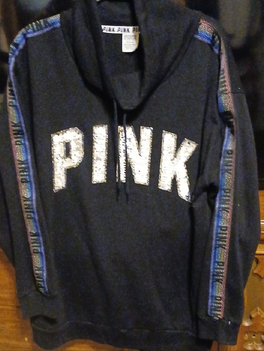 EUC Victoria's Secret PINK Black and Sequinced Logo Pullover